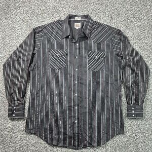 Ely Cattleman Button Down Mens XLT Black Stripes Silver Shimmer Pearl Snap